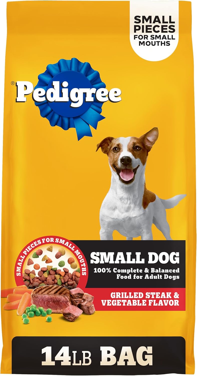 Pedigree Small Dogs Dry Dog Food, Grilled Steak and Vegetable, 14 lb | 100% complete & balanced, 36 vitamins & minerals, Omega-6 & Zinc, natural fibers for digestion, immune support