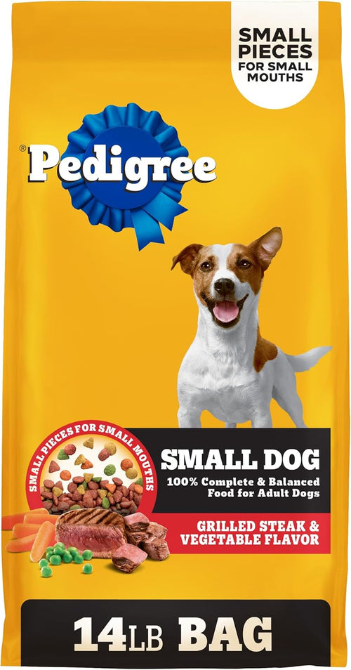 Pedigree Small Dogs Dry Dog Food, Grilled Steak and Vegetable, 14 lb | 100% complete & balanced, 36 vitamins & minerals, Omega-6 & Zinc, natural fibers for digestion, immune support