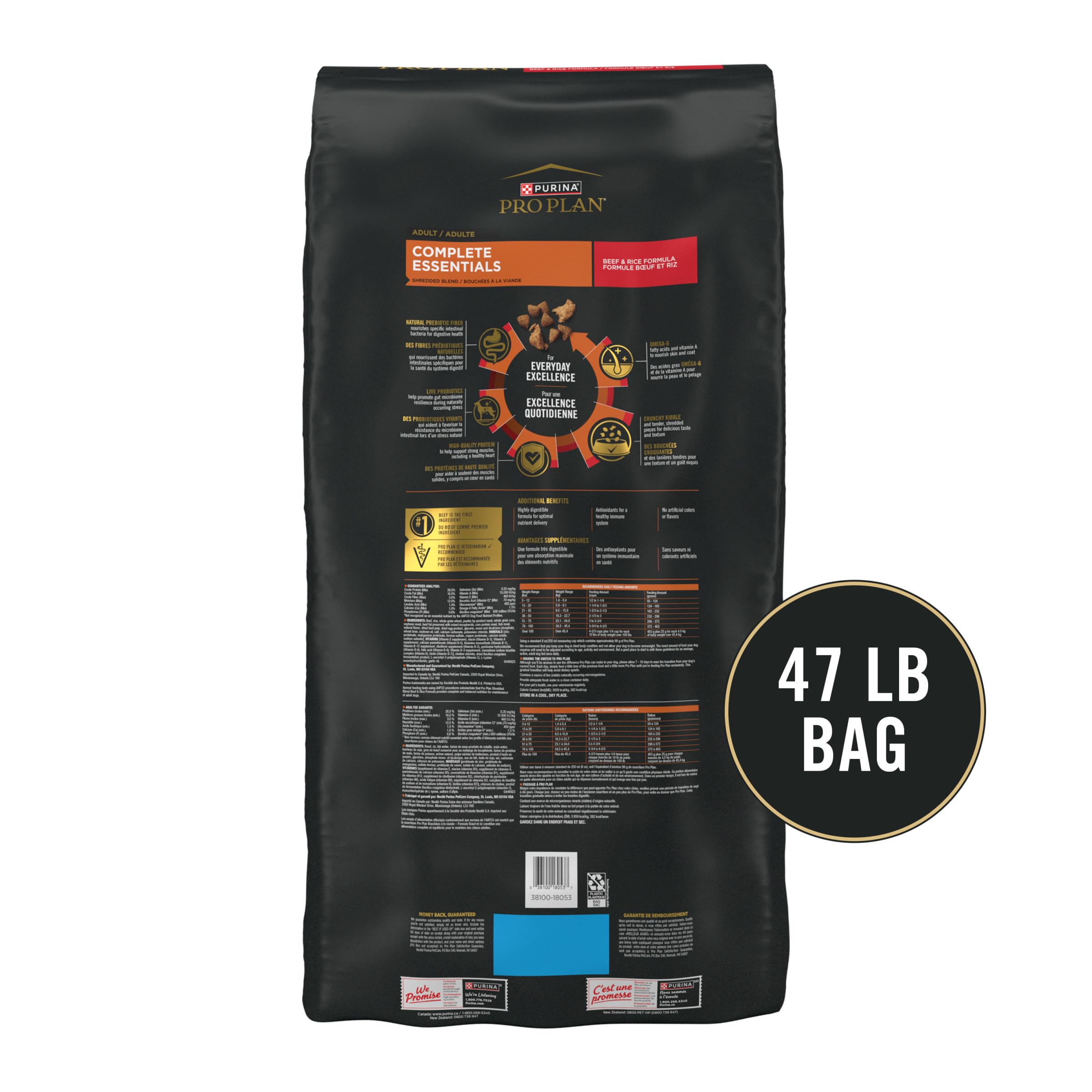 Purina Pro Plan Complete Essentials Shredded Blend Beef and Rice Dog Food Dry Formula with Probiotics for Dogs - 15 lb. Bag