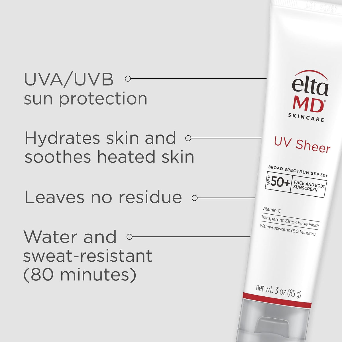 EltaMD UV Sheer Face and Body Sunscreen SPF 50+,Oil Free,No White Cast Sunscreen for Face and Body,Zinc Oxide Formula,3.0 oz Tube,(Pack of 2)