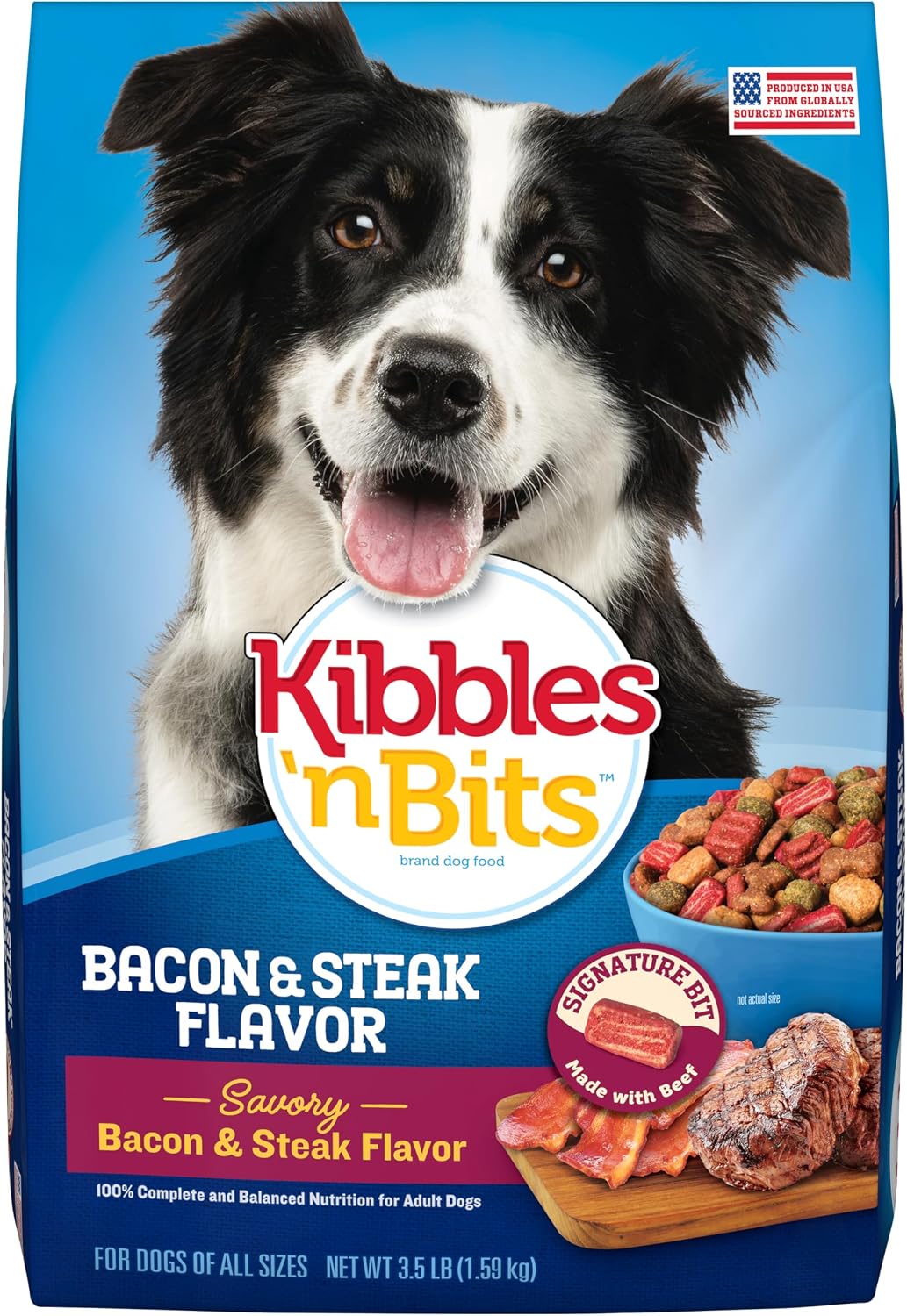 Kibbles 'n Bits Dry Dog Food, Savory Bacon & Steak Flavor for Adult Dogs 16 lb. Bag | Complete & Balanced Nutrition Formulated For Adult Dogs, Crunchy Kibbles And Chewy Meaty Bits