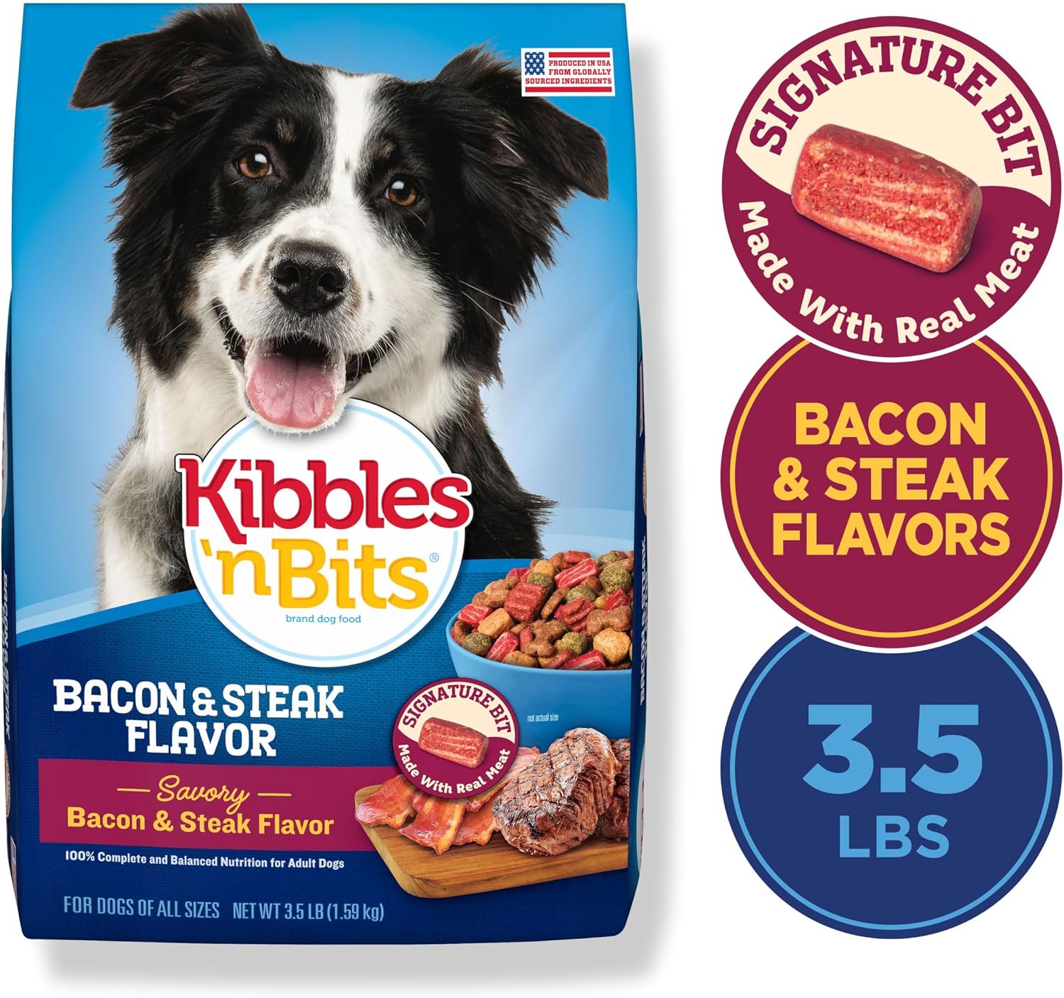 Kibbles 'n Bits Dry Dog Food, Savory Bacon & Steak Flavor for Adult Dogs 16 lb. Bag | Complete & Balanced Nutrition Formulated For Adult Dogs, Crunchy Kibbles And Chewy Meaty Bits