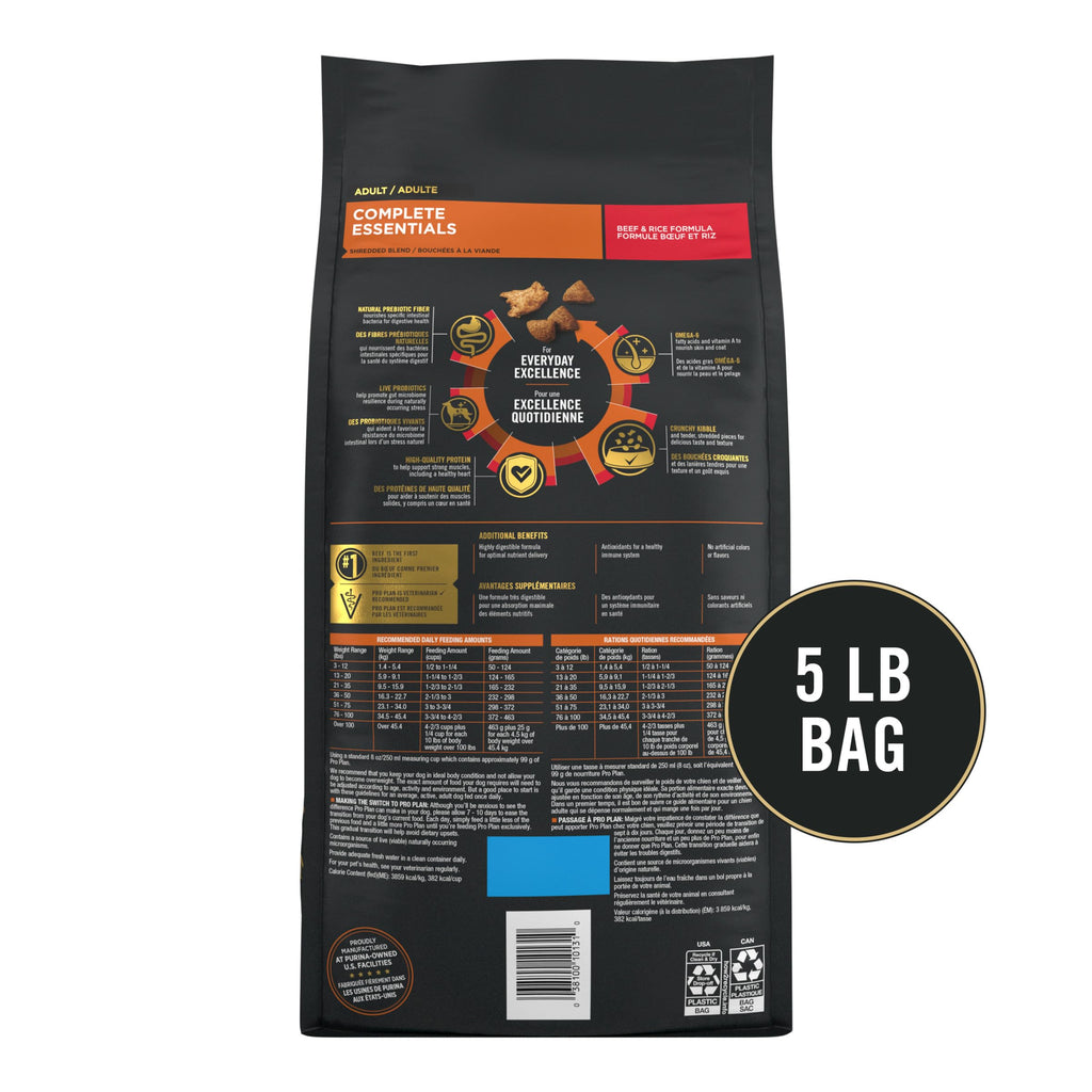 Purina Pro Plan Complete Essentials Shredded Blend Beef and Rice Dog Food Dry Formula with Probiotics for Dogs - 15 lb. Bag