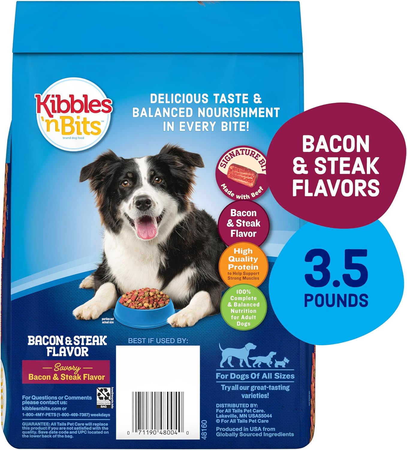 Kibbles 'n Bits Dry Dog Food, Savory Bacon & Steak Flavor for Adult Dogs 16 lb. Bag | Complete & Balanced Nutrition Formulated For Adult Dogs, Crunchy Kibbles And Chewy Meaty Bits