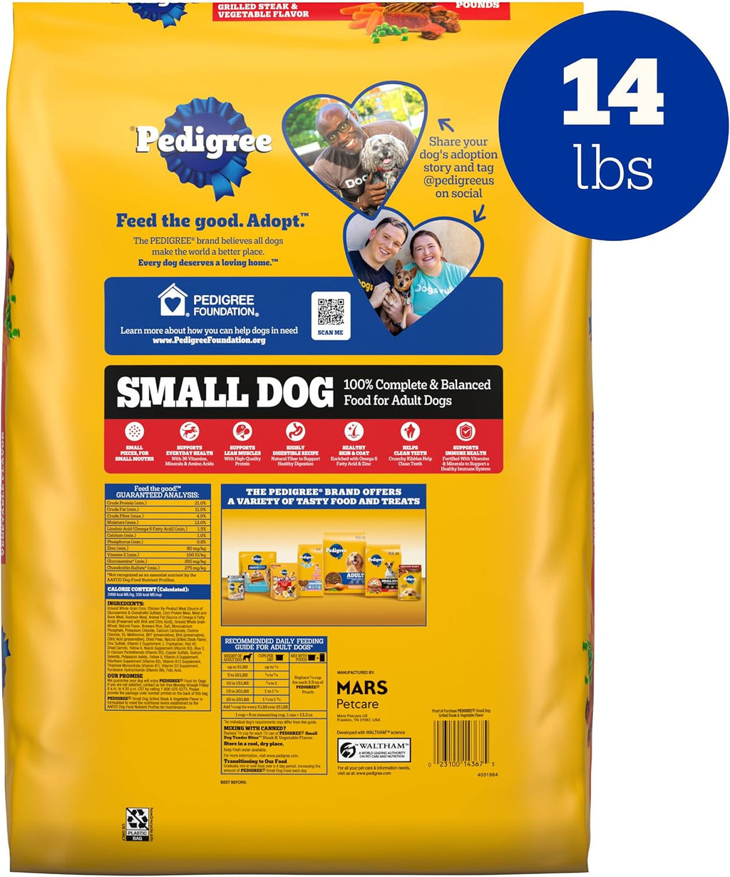 Pedigree Small Dogs Dry Dog Food, Grilled Steak and Vegetable, 14 lb | 100% complete & balanced, 36 vitamins & minerals, Omega-6 & Zinc, natural fibers for digestion, immune support