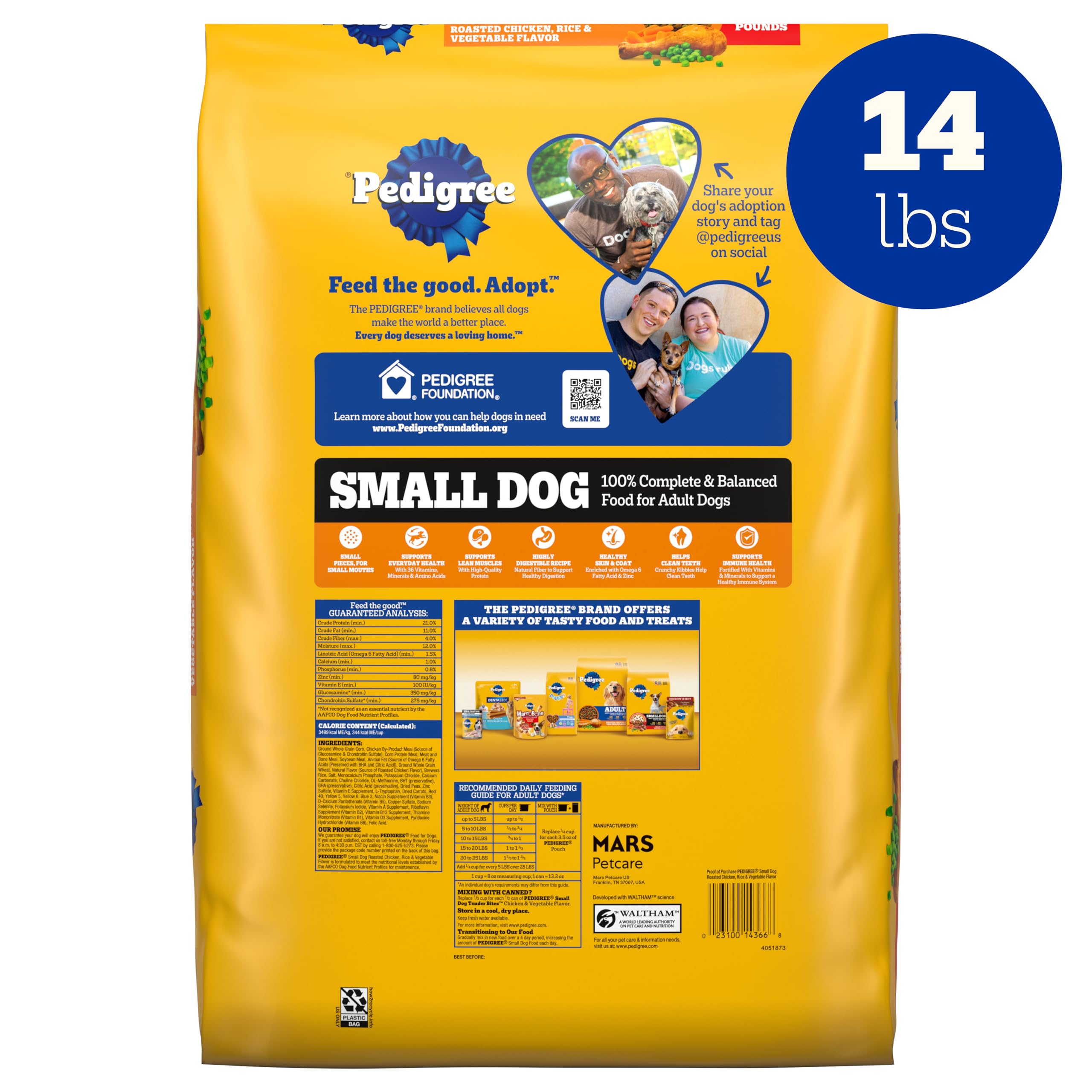 Pedigree Small Dogs Dry Dog Food, Grilled Steak and Vegetable, 14 lb | 100% complete & balanced, 36 vitamins & minerals, Omega-6 & Zinc, natural fibers for digestion, immune support