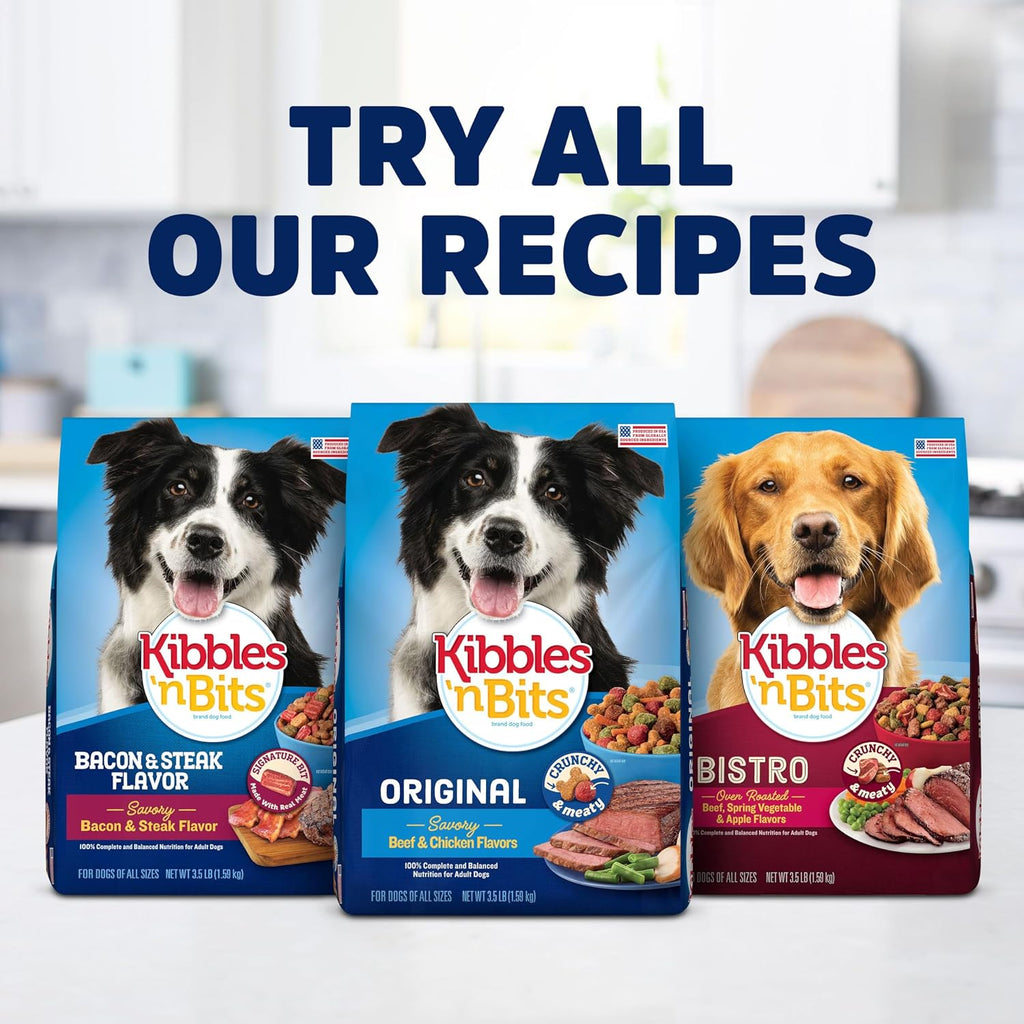 Kibbles 'n Bits Dry Dog Food, Savory Bacon & Steak Flavor for Adult Dogs 16 lb. Bag | Complete & Balanced Nutrition Formulated For Adult Dogs, Crunchy Kibbles And Chewy Meaty Bits