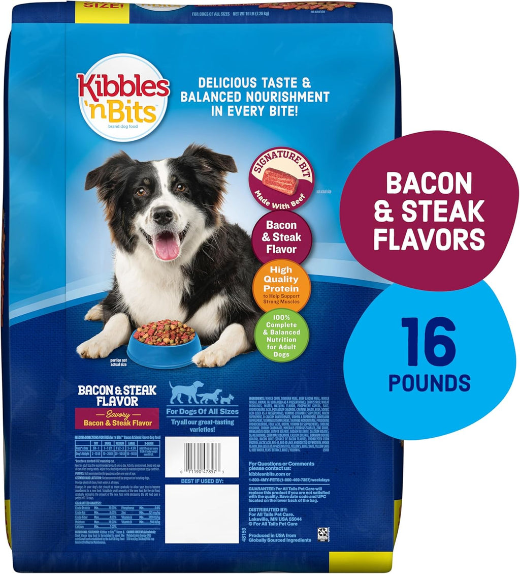 Kibbles 'n Bits Dry Dog Food, Savory Bacon & Steak Flavor for Adult Dogs 16 lb. Bag | Complete & Balanced Nutrition Formulated For Adult Dogs, Crunchy Kibbles And Chewy Meaty Bits