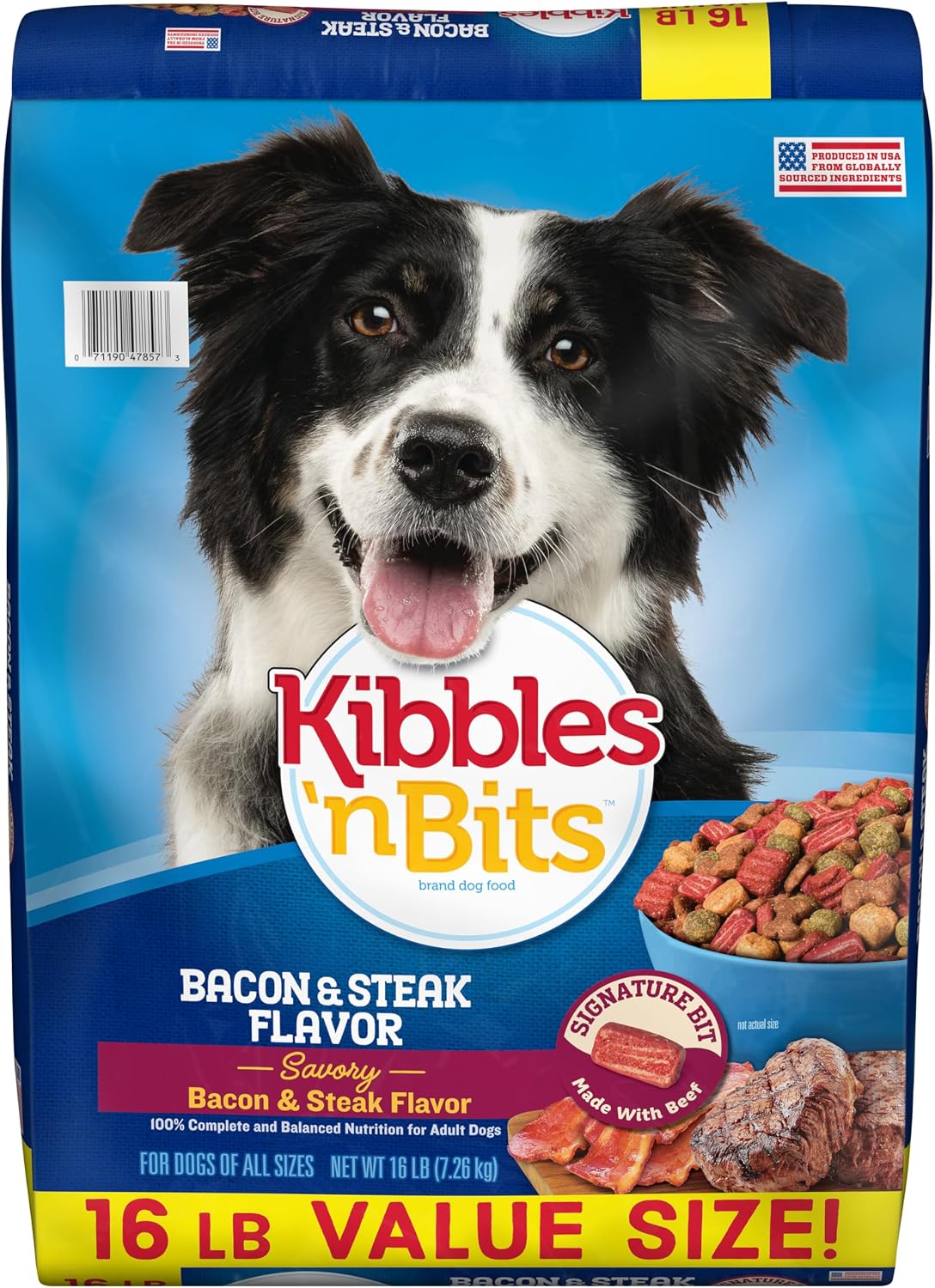 Kibbles 'n Bits Dry Dog Food, Savory Bacon & Steak Flavor for Adult Dogs 16 lb. Bag | Complete & Balanced Nutrition Formulated For Adult Dogs, Crunchy Kibbles And Chewy Meaty Bits