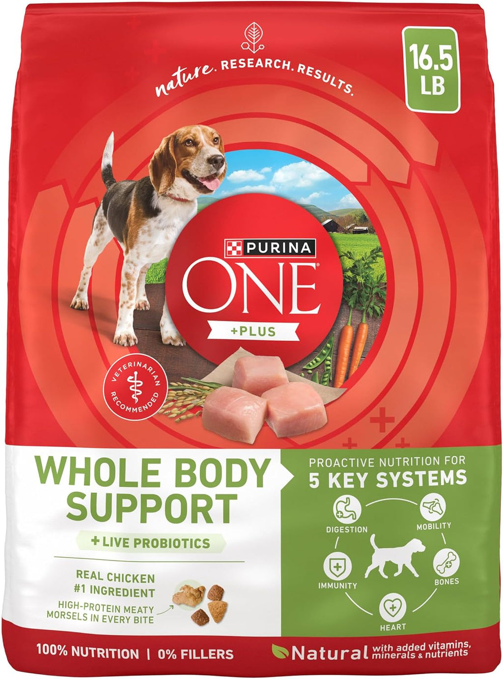 Purina ONE Plus Whole Body Support with Chicken Dry Dog Food, 16.5 lb Bag | High protein kibble and meaty shreds with proactive nutrition for digestion, mobility, immunity, bones and heart