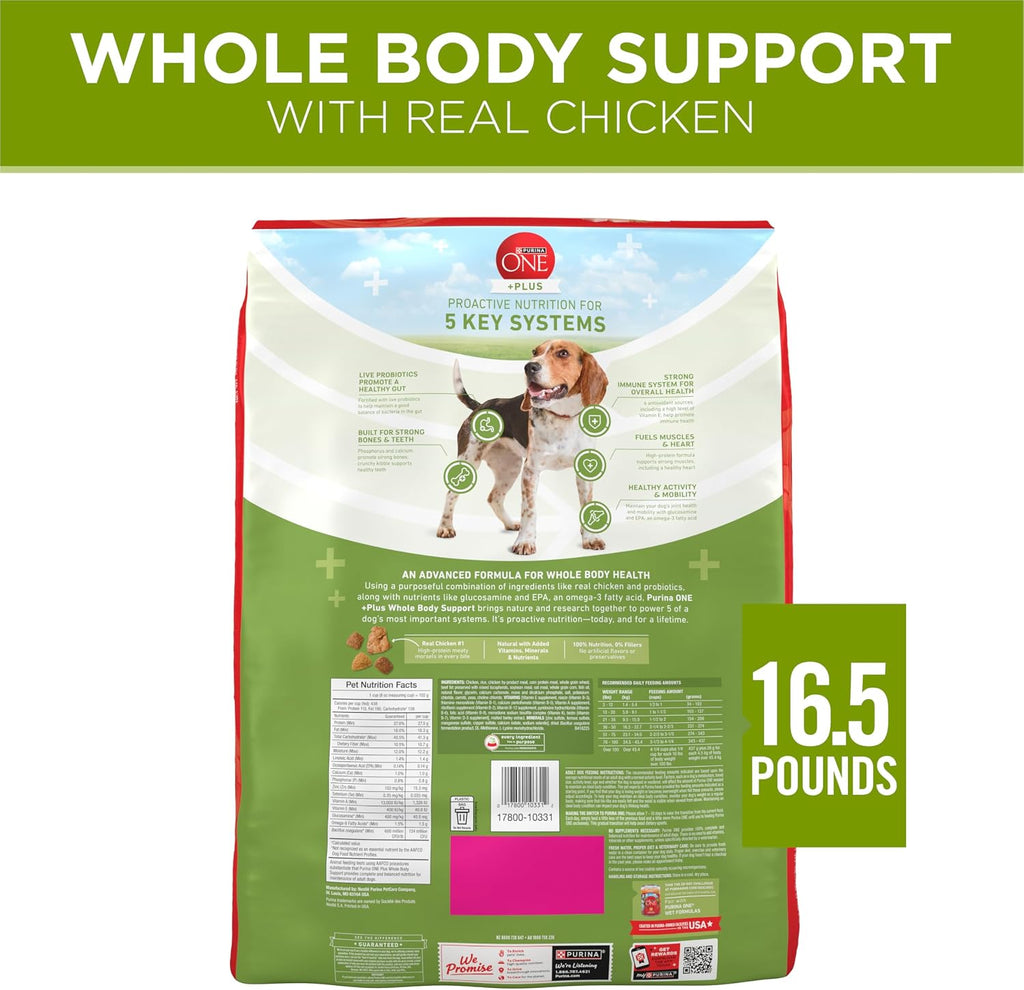 Purina ONE Plus Whole Body Support with Chicken Dry Dog Food, 16.5 lb Bag | High protein kibble and meaty shreds with proactive nutrition for digestion, mobility, immunity, bones and heart